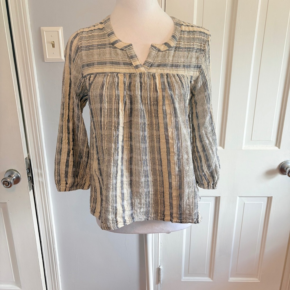 Knox Rose Women XS Blouse Blue White Striped Boho V-Neck 3/4 Sleeve Cotton Top
